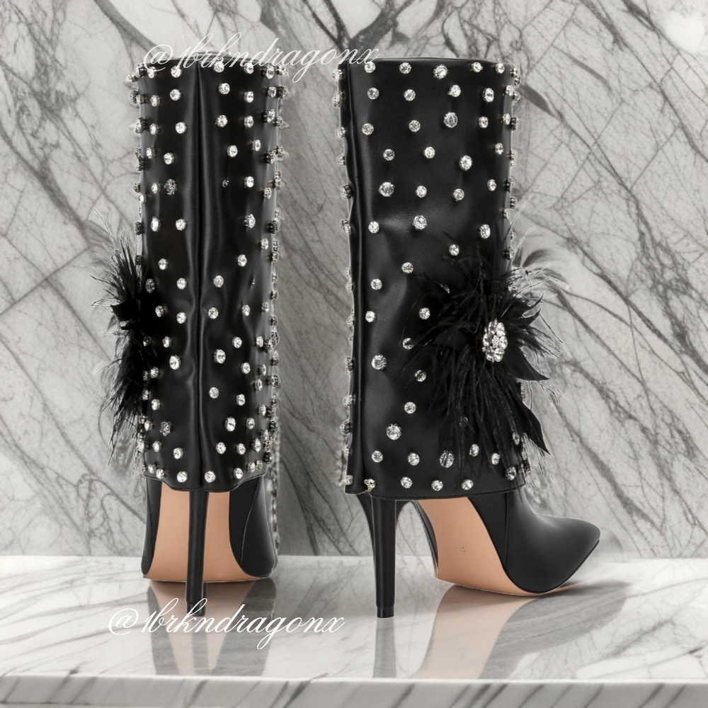 NWT EMBELLISHED BOOTIES WANG BOOTS BNIOB STILETTOS DIAMONDS FEATHERS - Picture 13 of 16